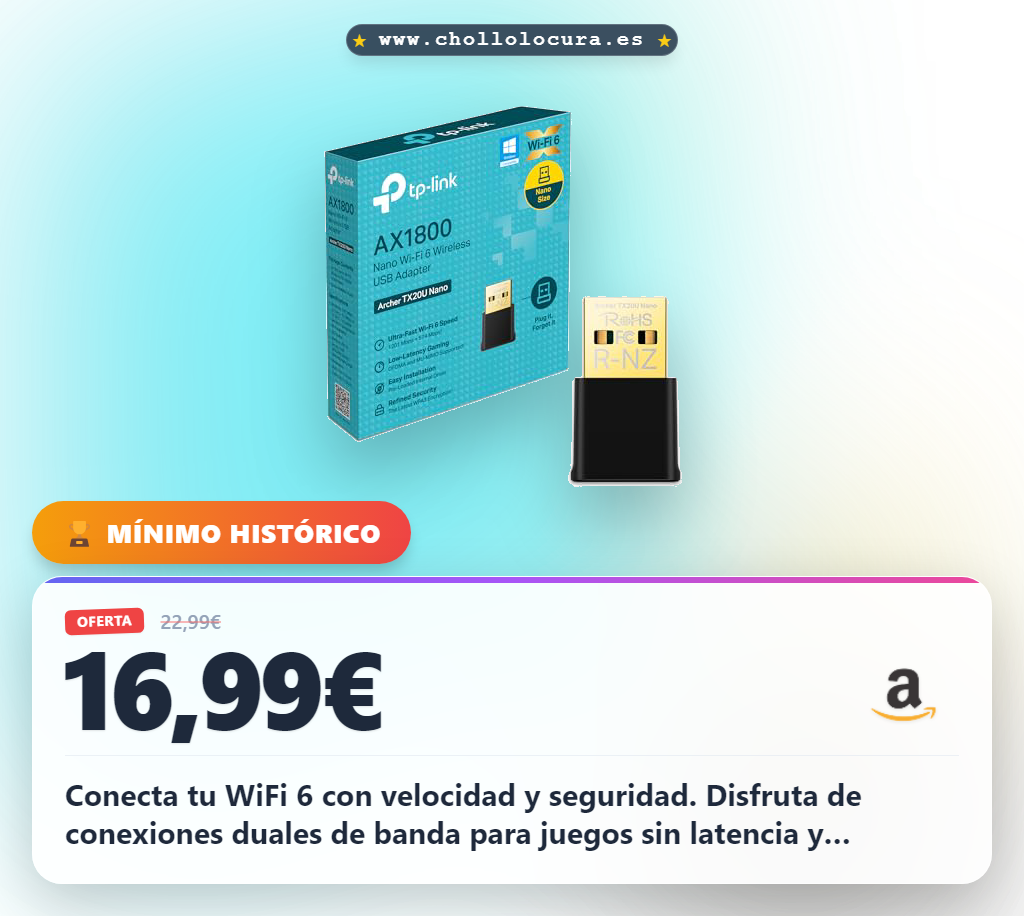 Consigue el adaptador WiFi6 TP-Link Archer TX20U Nano con doble banda AX1800 y seguridad WPA3 en oferta
