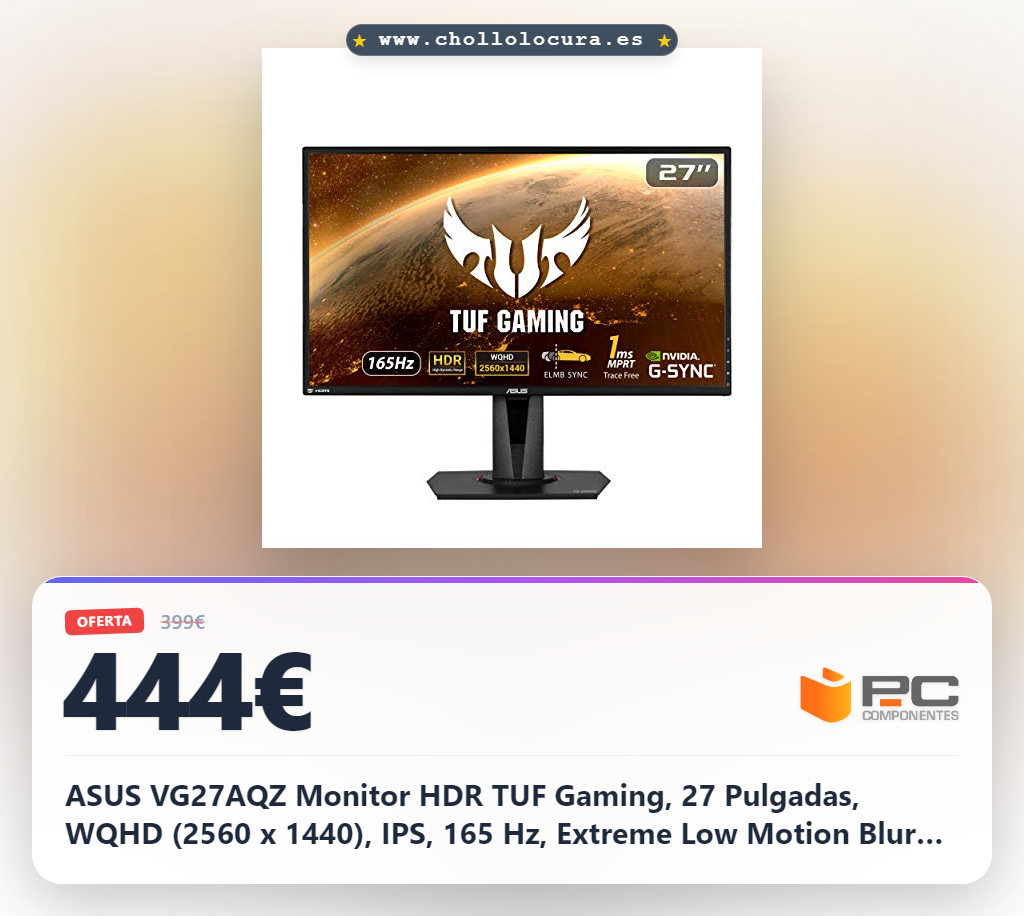 ASUS VG27AQZ Monitor HDR TUF Gaming, 27 Pulgadas, WQHD (2560 x 1440), IPS, 165 Hz, Extreme Low Motion Blur Sync, G-Sync Compatible, Adaptive-Sync, 1 ms (MPRT), HDR10
