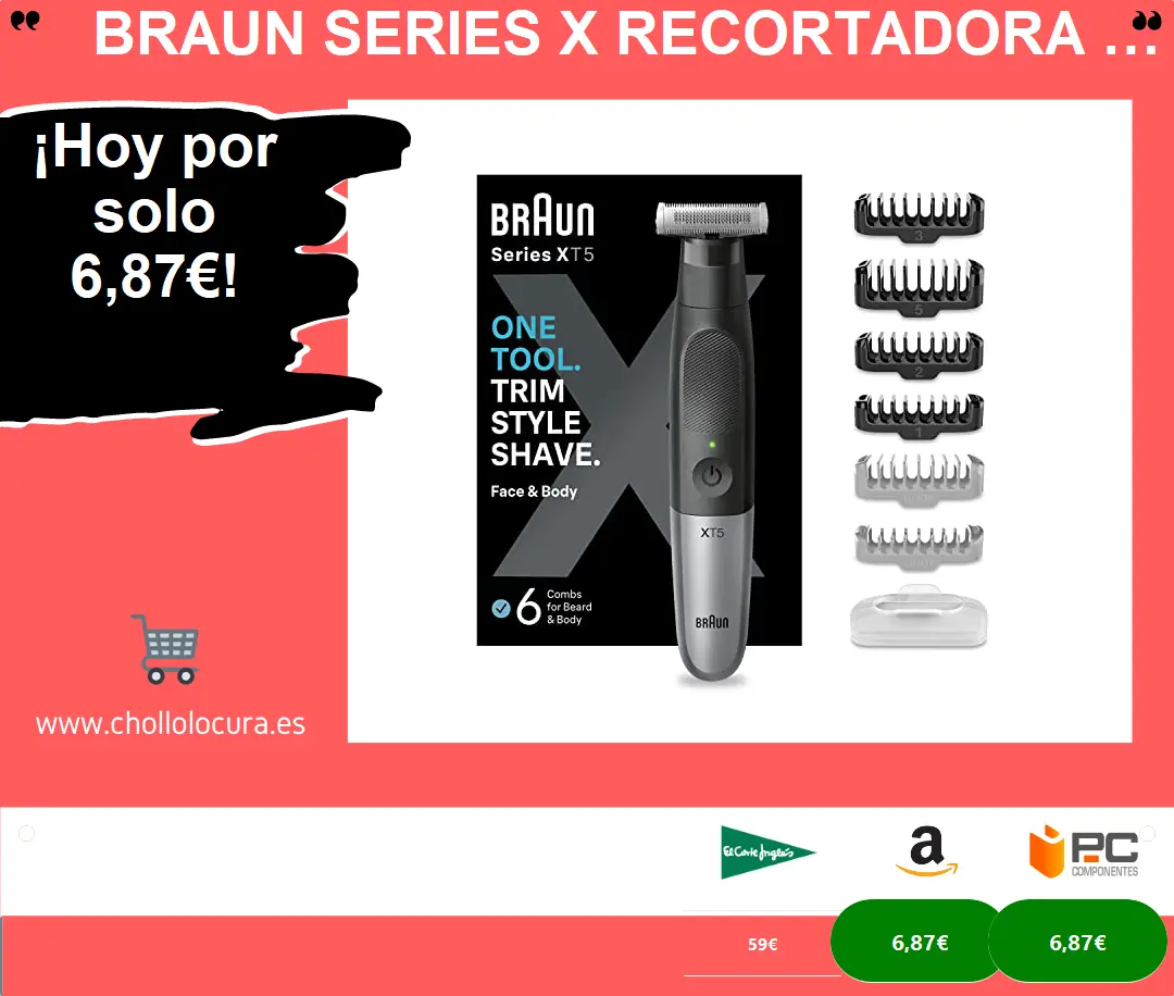 Braun Series X Recortadora De Barba, Afeitadora Eléctrica Hombre, Rasuradora para Rostro y Cuerpo, Peine Bidireccional, Cabezal Flexible, Resistente Al Agua, XT5200, Negro
