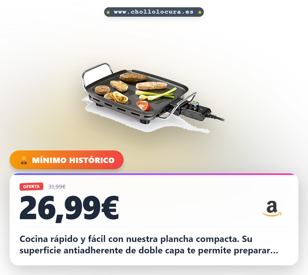 Aprovecha esta plancha compacta antiadherente Princess 1900W para cocinar sin aceite al mejor precio de oferta