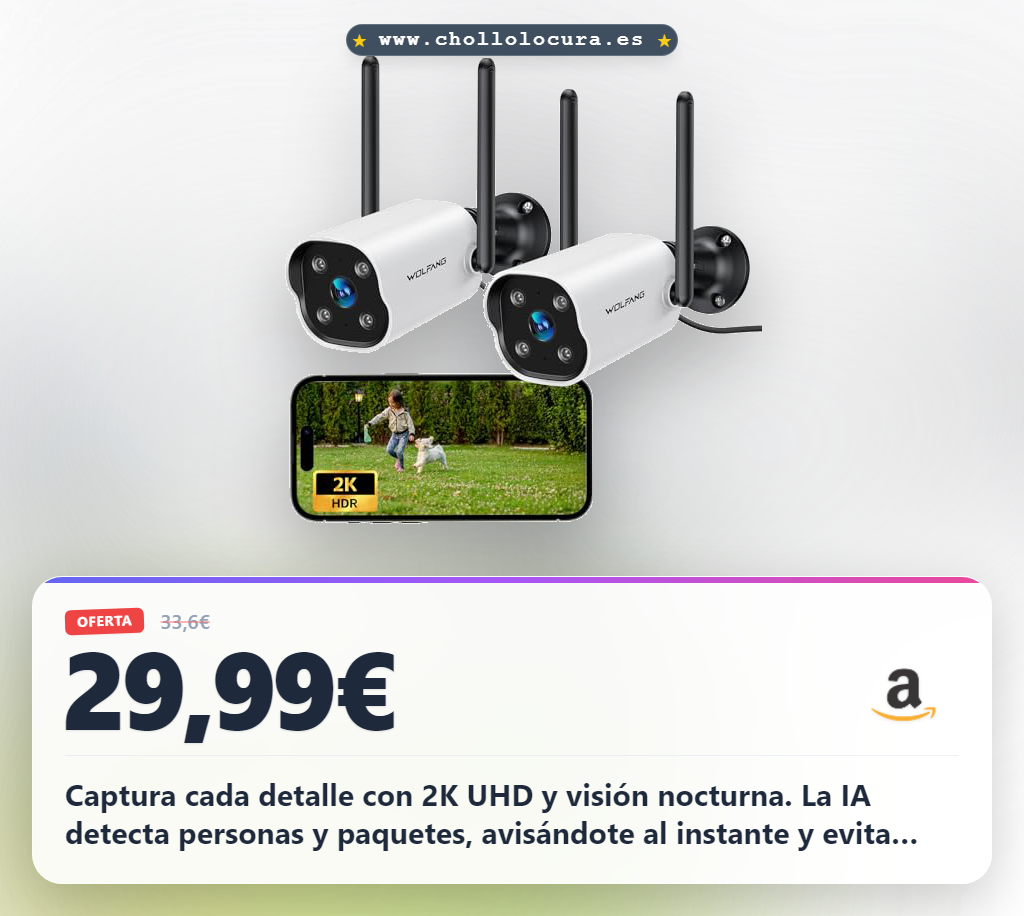 Consigue la cámara WOLFANG WiFi exterior 2K con visión nocturna y detección de movimiento IA a precio de chollo