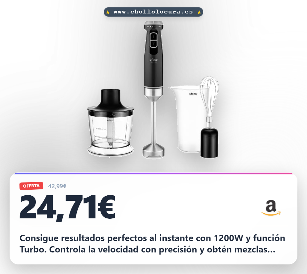 Aprovecha la batidora de mano Ufesa Mars 1200W con función Turbo y accesorios de acero inoxidable al mejor precio