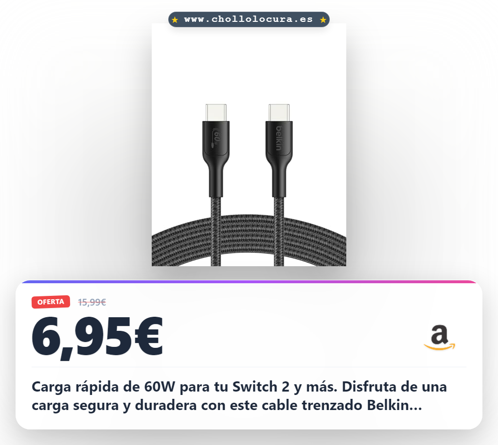 Consigue el cable Belkin Gaming USB-C 60W de 2m para carga rápida Nintendo Switch 2 y móviles al mejor precio