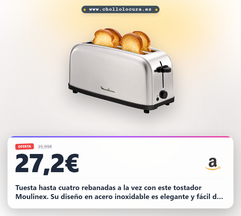 Aprovecha el tostador Moulinex Classic de 2 ranuras largas y 6 niveles en oferta histórica con acero inoxidable