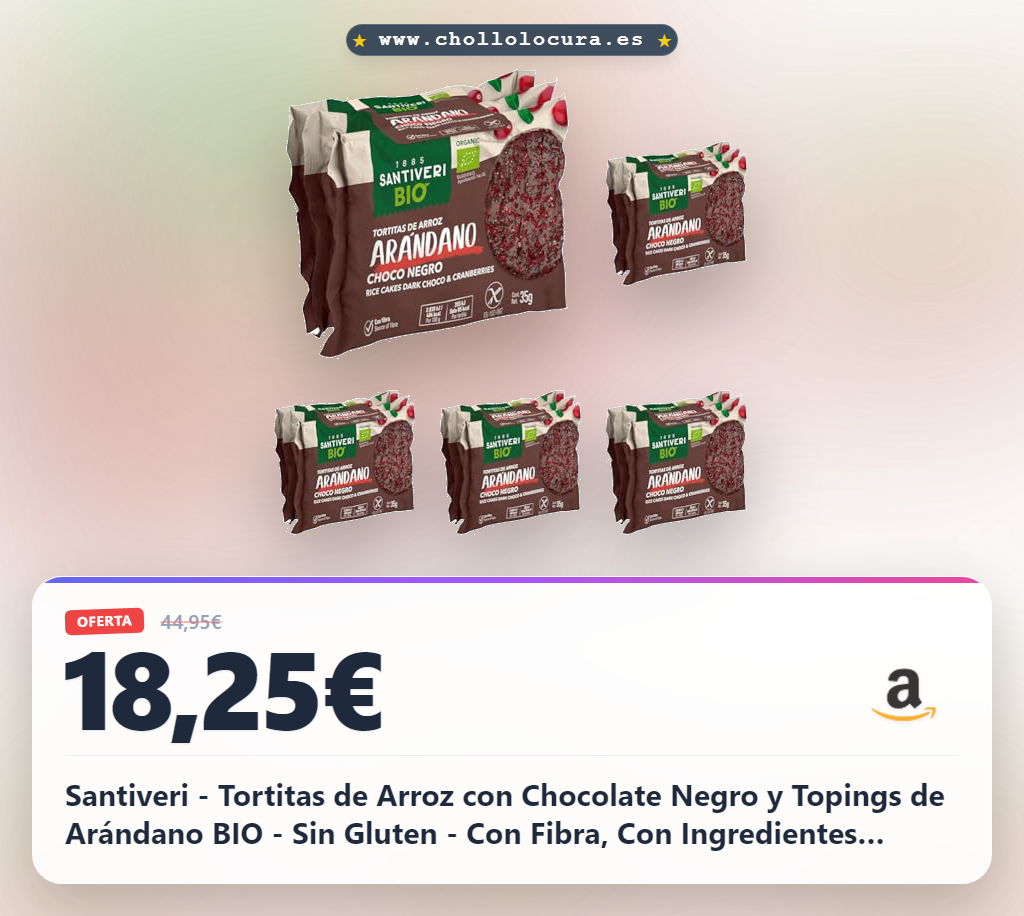 Santiveri - Tortitas de Arroz con Chocolate Negro y Topings de Arándano BIO - Sin Gluten - Con Fibra, Con Ingredientes Ecológicos - 3x37g (Paquete de 5)