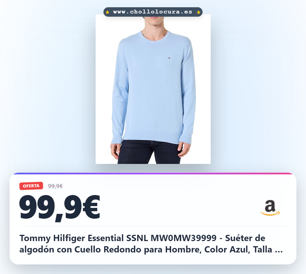 Tommy Hilfiger Essential SSNL MW0MW39999 - Suéter de algodón con Cuello Redondo para Hombre, Color Azul, Talla M, Azul (Well Water), M