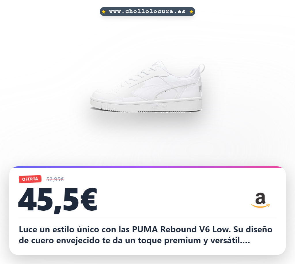 Encuentra las zapatillas PUMA Rebound V6 Low unisex en oferta con ojales de doble capa y puntera perforada
