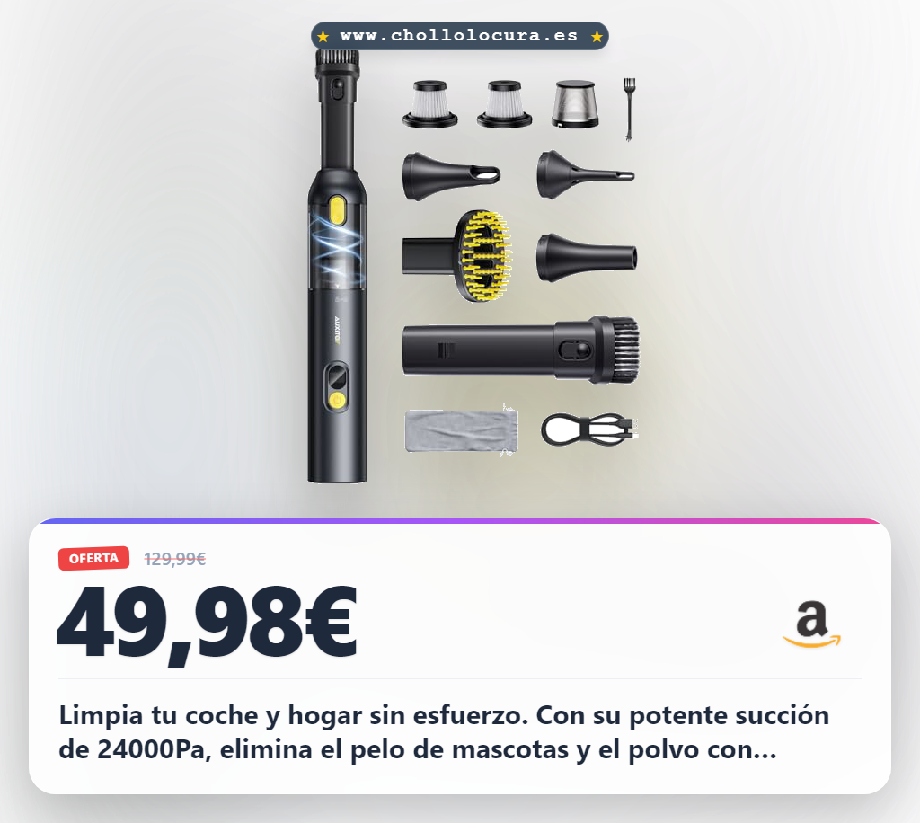 Aprovecha este aspirador de coche 4 en 1 potente 24000Pa sin cable y ultraligero a precio de chollo. Limpieza total.
