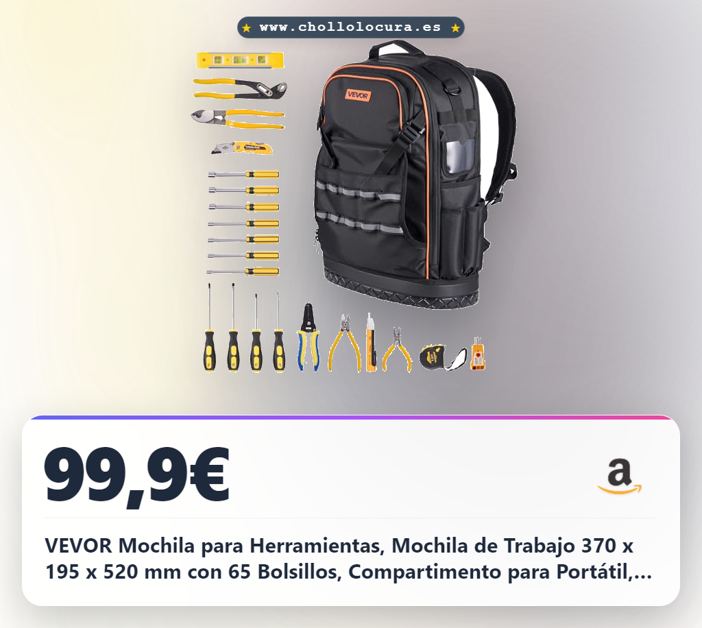 VEVOR Mochila para Herramientas, Mochila de Trabajo 370 x 195 x 520 mm con 65 Bolsillos, Compartimento para Portátil, Base Moldeada y Herramientas de 21 Piezas para Electricistas, Reparadores