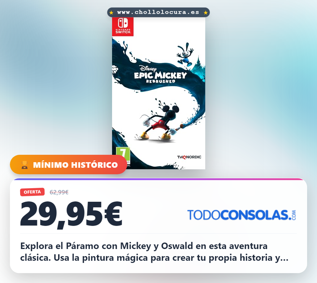 Aprovecha Disney Epic Mickey Rebrushed para Nintendo Switch: explora el páramo mágico con Oswald y crea tu historia al mejor precio
