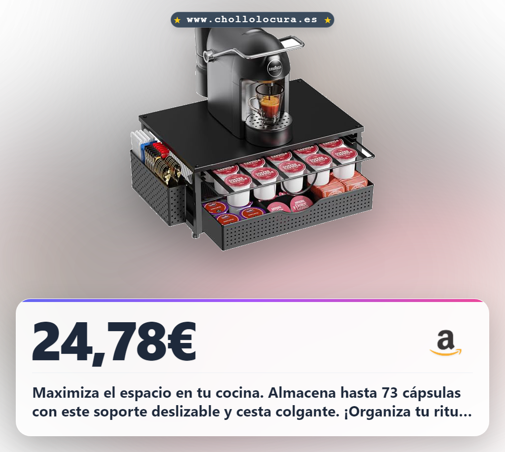 Maximiza el espacio en tu cocina. Almacena hasta 73 cápsulas con este soporte deslizable y cesta colgante. ¡Organiza tu ritual de café con estilo y eficiencia!