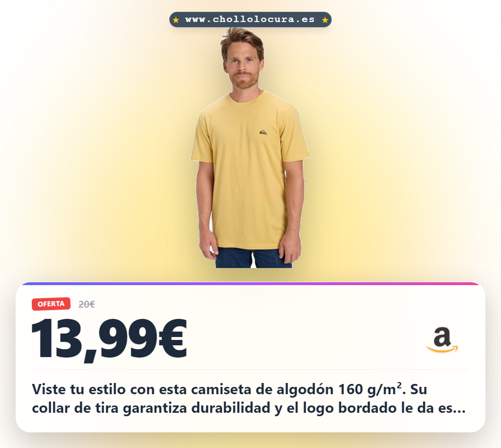 Aprovecha esta camiseta Quiksilver de algodón 160 g/m² con collar de tira y etiqueta reciclada. Ideal para looks casuales y sostenibles.