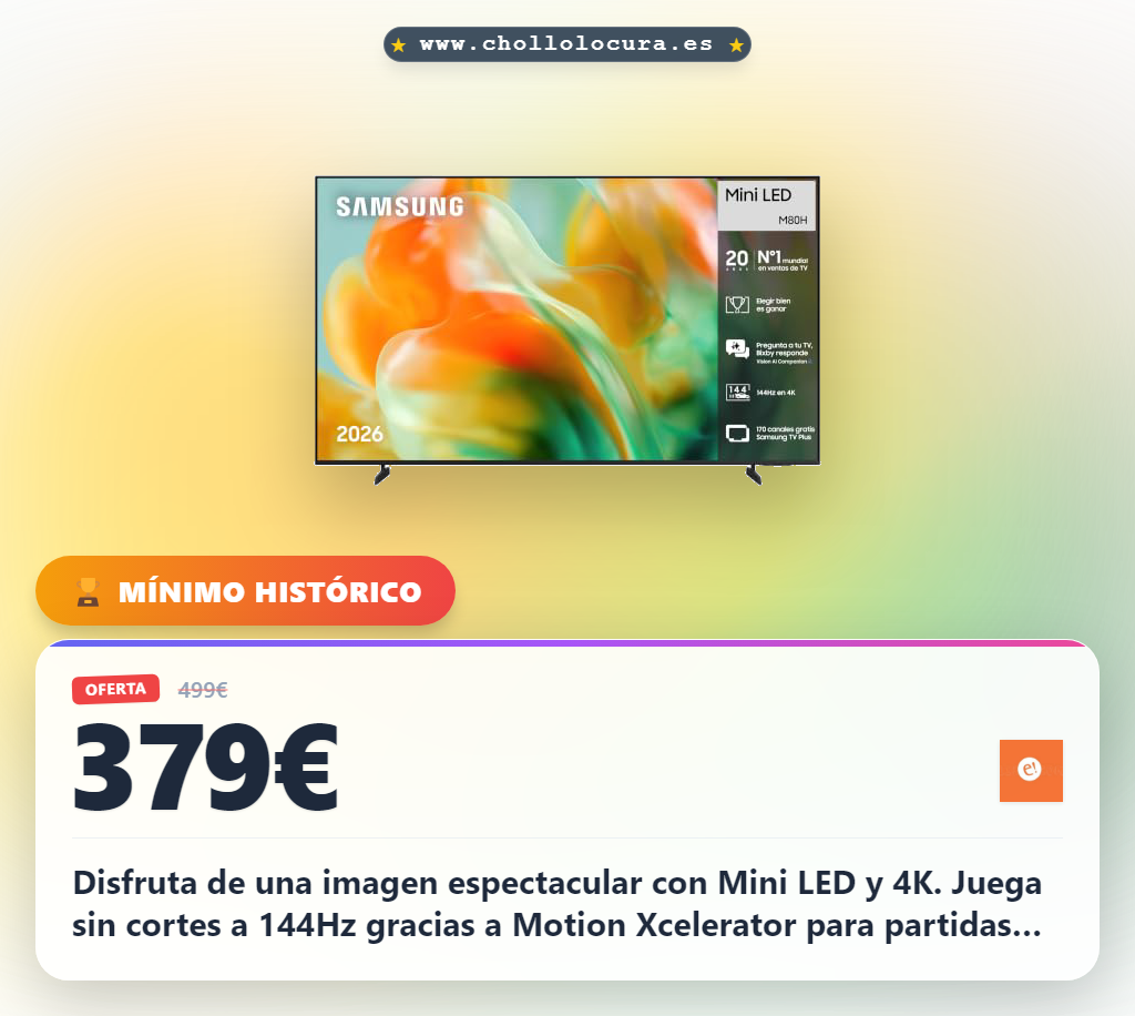 Consigue este Samsung TV Mini LED M80H 55" 4K con IA y 144Hz. Disfruta de partidos realistas al mejor precio.