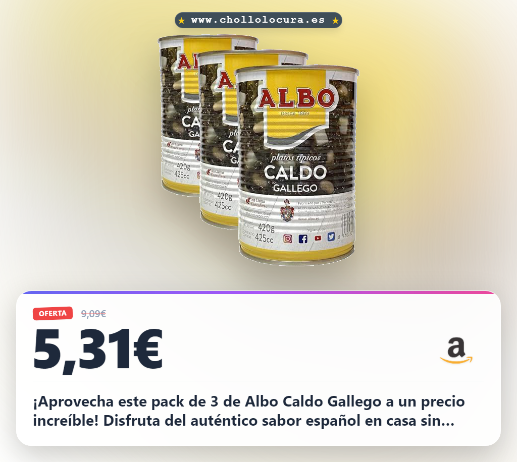 Obtén el auténtico Albo Caldo Gallego en paquete de 3. Ahorra al mejor precio en oferta histórica.
