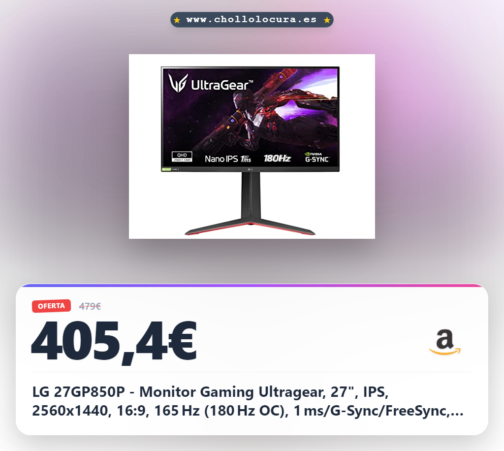 LG 27GP850P - Monitor Gaming Ultragear, 27", IPS, 2560x1440, 16:9, 165 Hz (180 Hz OC), 1 ms/G-Sync/FreeSync, No Curvo, Pivotable/Altura Ajustable, Negro