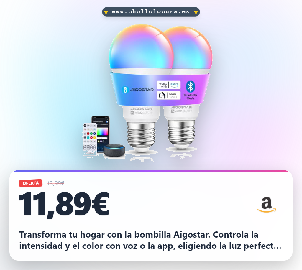 Consigue bombillas inteligentes Aigostar E27 con control por voz y 16 millones de colores a precio de chollo.