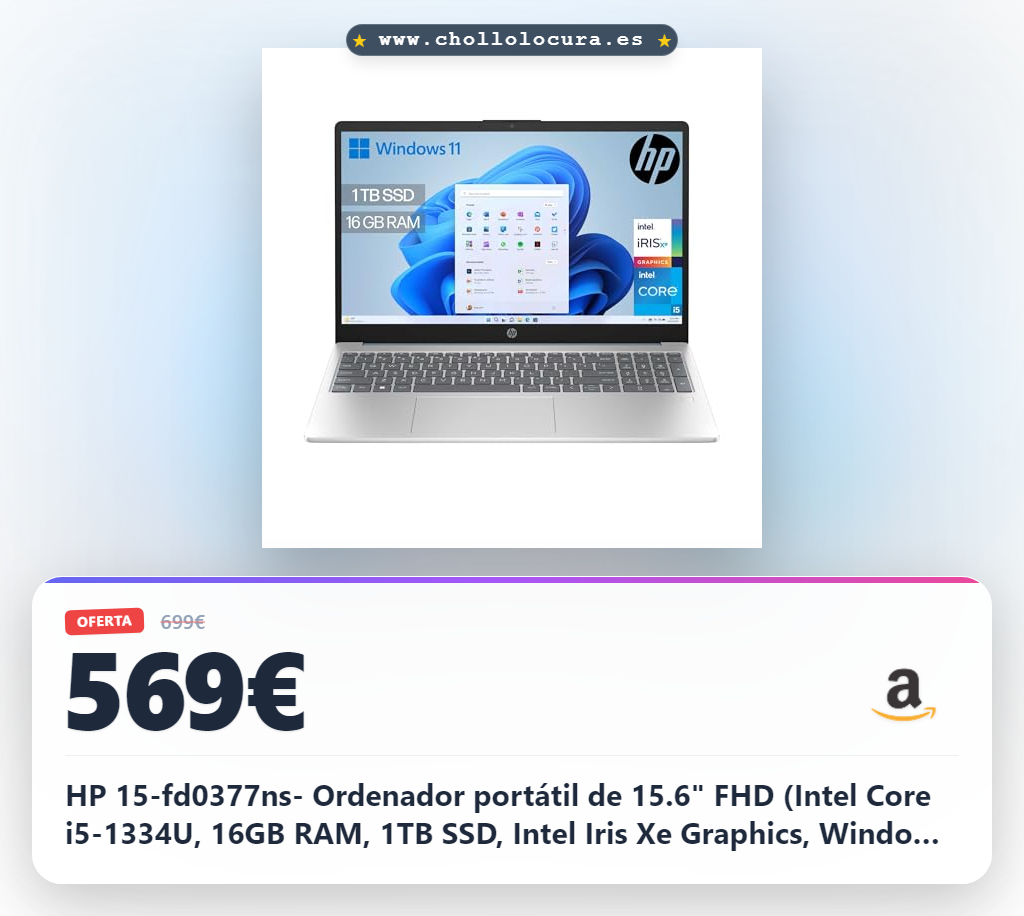 HP 15-fd0377ns- Ordenador portátil de 15.6" FHD (Intel Core i5-1334U, 16GB RAM, 1TB SSD, Intel Iris Xe Graphics, Windows 11) Plata y Azul - Teclado QWERTY Español