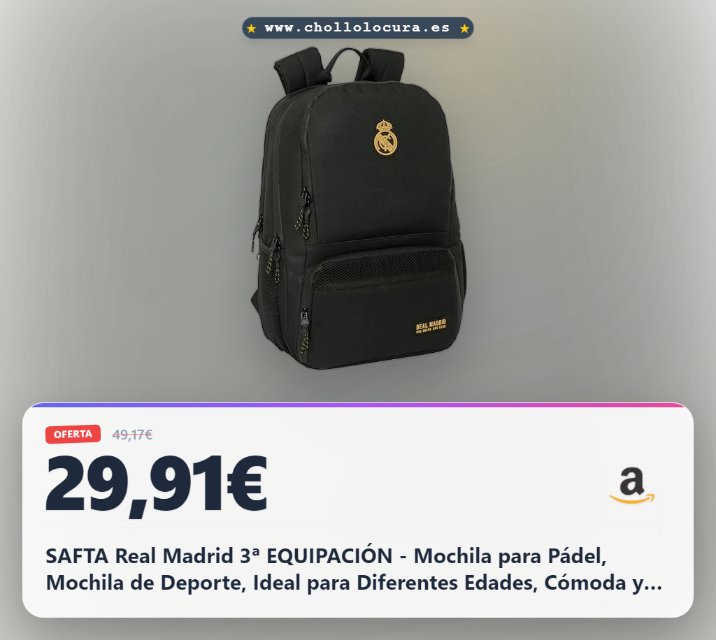 SAFTA Real Madrid 3ª EQUIPACIÓN - Mochila para Pádel, Mochila de Deporte, Ideal para Diferentes Edades, Cómoda y Versátil, Calidad y Resistencia, 30x17x42 cm, Color Negro