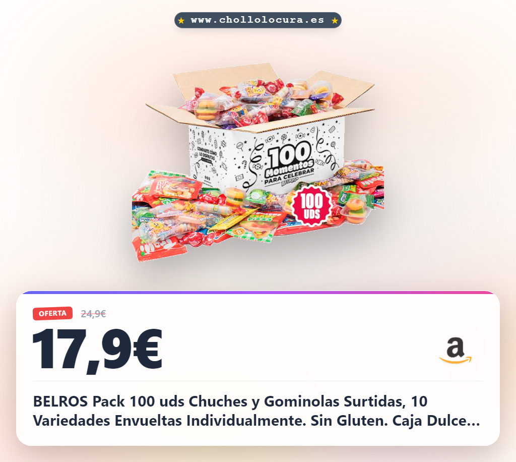 BELROS Pack 100 uds Chuches y Gominolas Surtidas, 10 Variedades Envueltas Individualmente. Sin Gluten. Caja Dulces Ideal Halloween, Rellenar Piñata, Fiestas Infantiles y Regalo de Cumpleaños