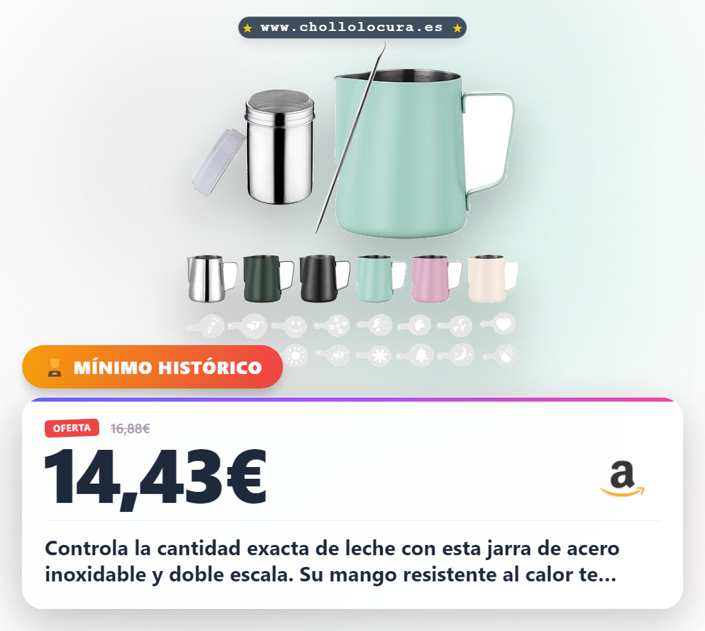 Consigue la jarra de leche barista de acero inoxidable 350ml con medición ml/oz y arte latte a precio de chollo para tu café
