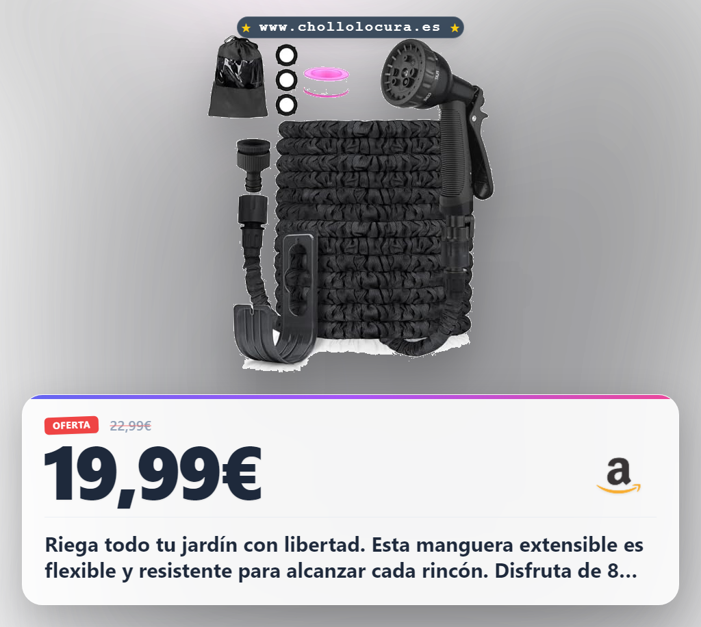 Aprovecha esta manguera de jardín extensible de 23 metros con 8 funciones y conectores en oferta histórica