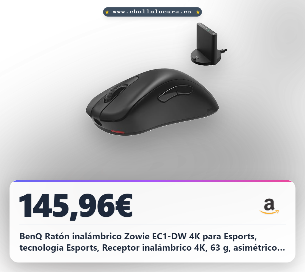 BenQ Ratón inalámbrico Zowie EC1-DW 4K para Esports, tecnología Esports, Receptor inalámbrico 4K, 63 g, asimétrico, sin Drivers, Sensor 3950, tasa de sondeo 4K