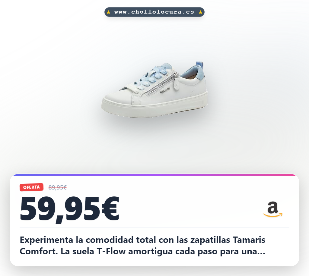 Experimenta la comodidad total con las zapatillas Tamaris Comfort. La suela T-Flow amortigua cada paso para una marcha ligera y suave todo el día. Su plantilla extraíble se adapta a tus pies, ofreciéndote un ajuste perfecto y duradero. Estilo y confort que se sienten increíbles.