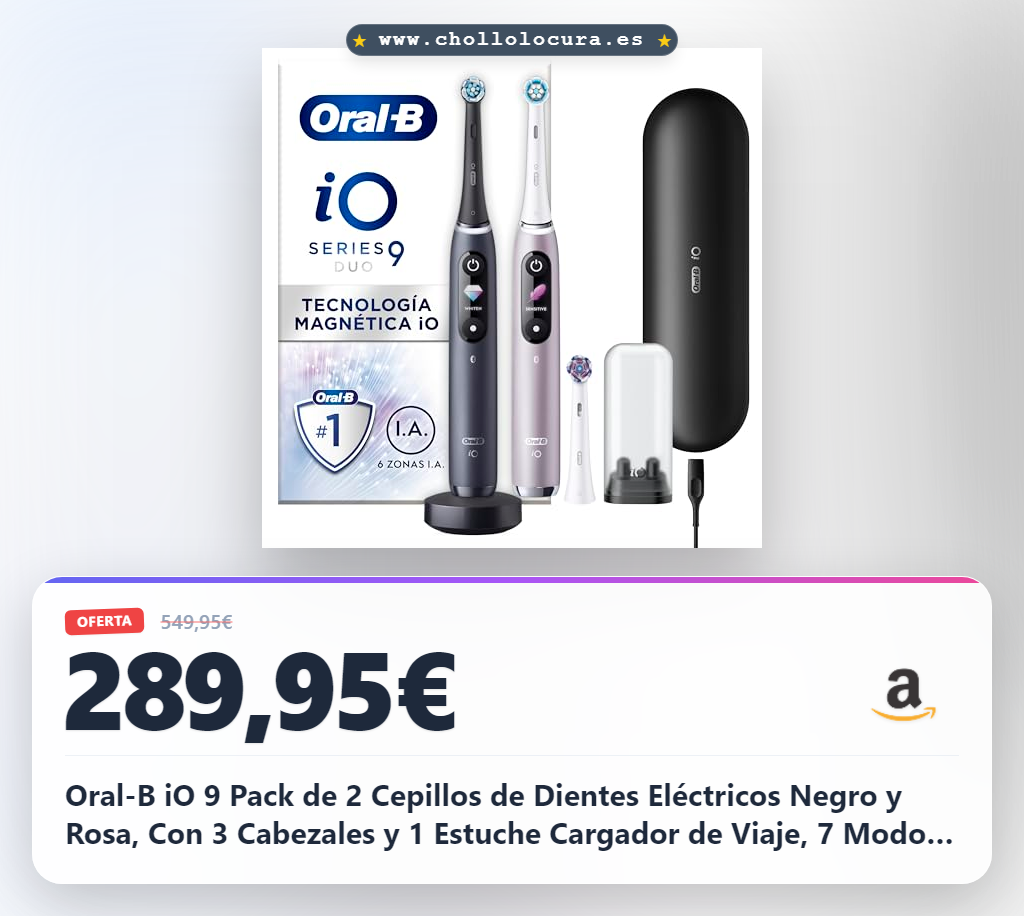 Oral-B iO 9 Pack de 2 Cepillos de Dientes Eléctricos Negro y Rosa, Con 3 Cabezales y 1 Estuche Cargador de Viaje, 7 Modos De Limpieza, Sensor De Presión, Carga Rápida, Diseñado por Braun