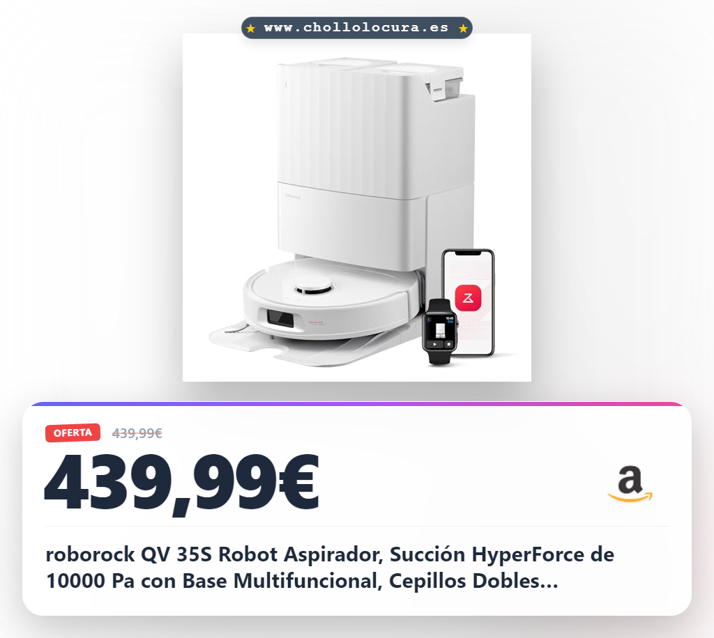 roborock QV 35S Robot Aspirador, Succión HyperForce de 10000 Pa con Base Multifuncional, Cepillos Dobles Antienredos, 2 Mopas Giratorias Elevación Automática de 10 mm, Limpiar y secar Auto, Blanco