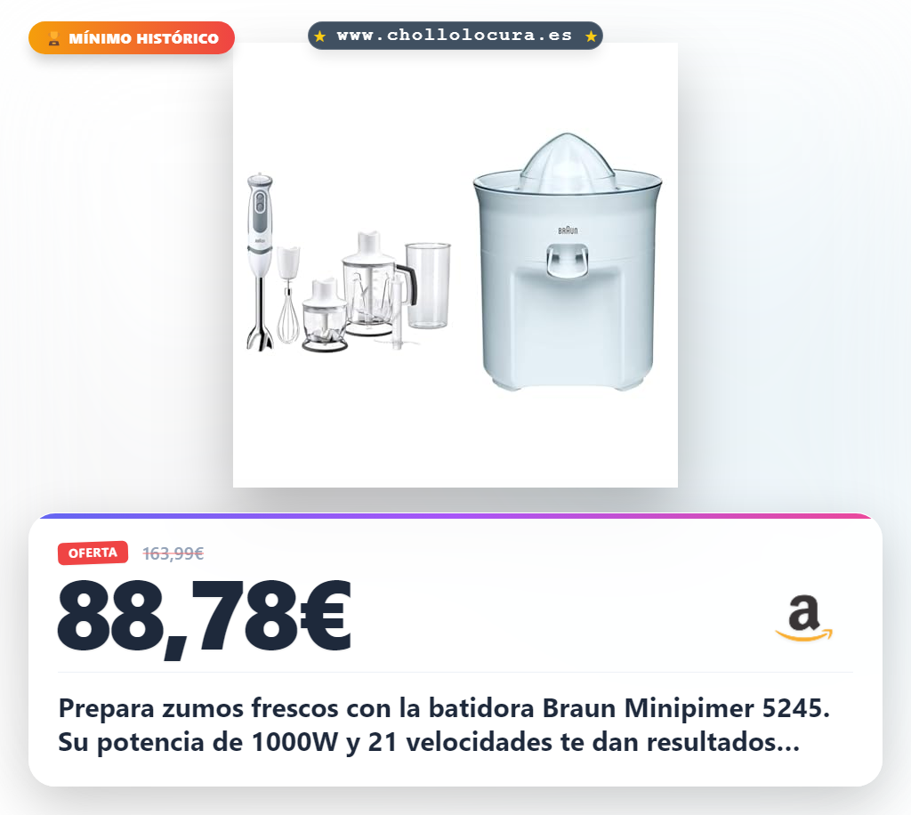 Aprovecha la batidora de mano Braun Minipimer 1000W con sistema anti-salpicaduras y zumo directo al vaso