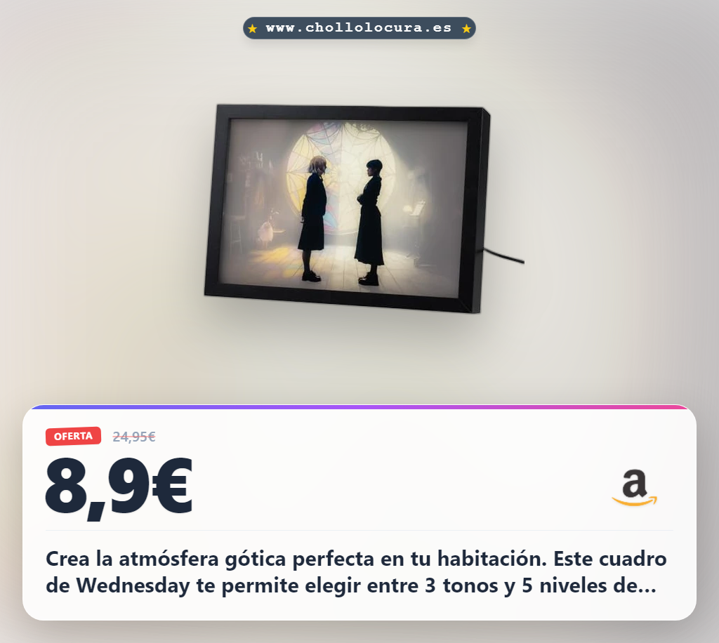 Ahorra este Cuadro Miércoles Addams con Luz LED USB 20x28cm, decoración juvenil en oferta histórica