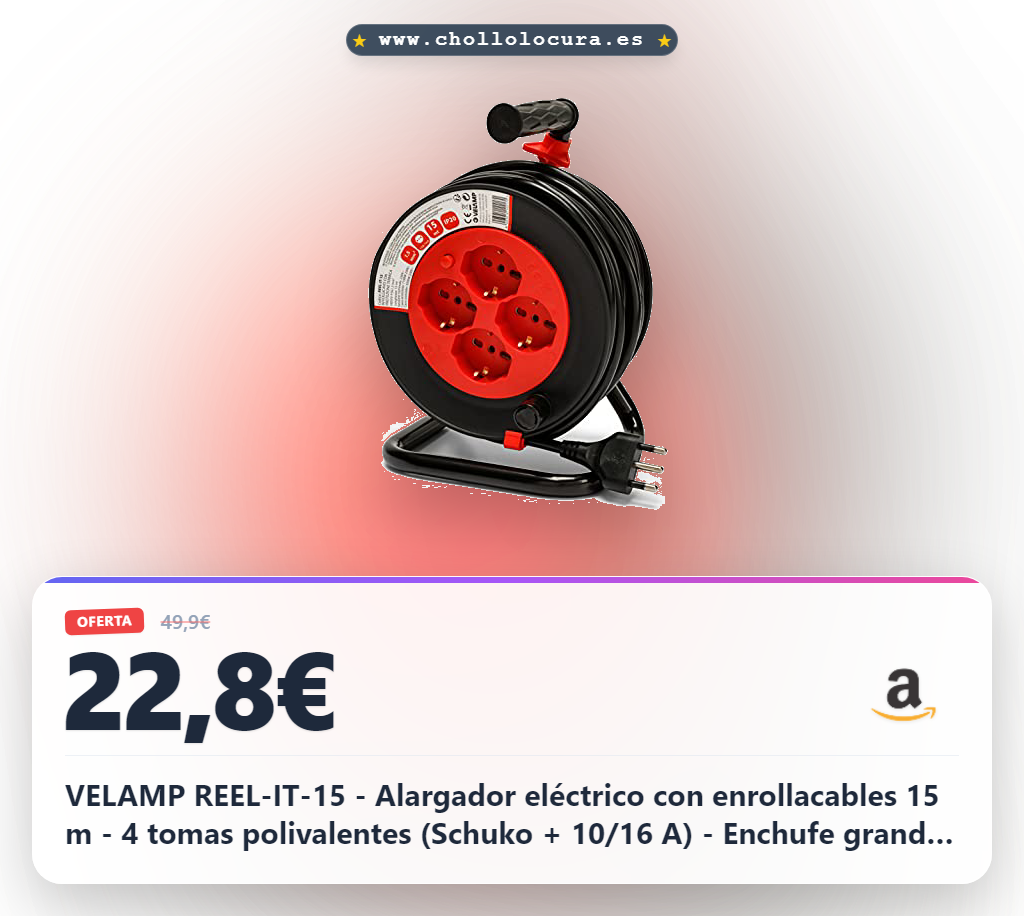 VELAMP REEL-IT-15 - Alargador eléctrico con enrollacables 15 m - 4 tomas polivalentes (Schuko + 10/16 A) - Enchufe grande 16 A - Interruptor de protección - Cable eléctrico multipolar 3G sección 1,5