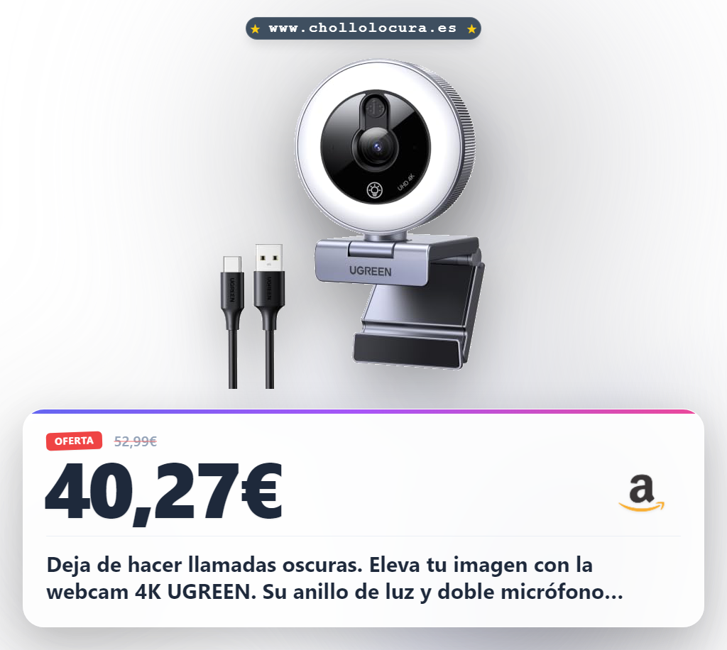 Deja de hacer llamadas oscuras. Eleva tu imagen con la webcam 4K UGREEN. Su anillo de luz y doble micrófono garantizan una calidad profesional en cada videollamada. ¡Consíguela ahora!