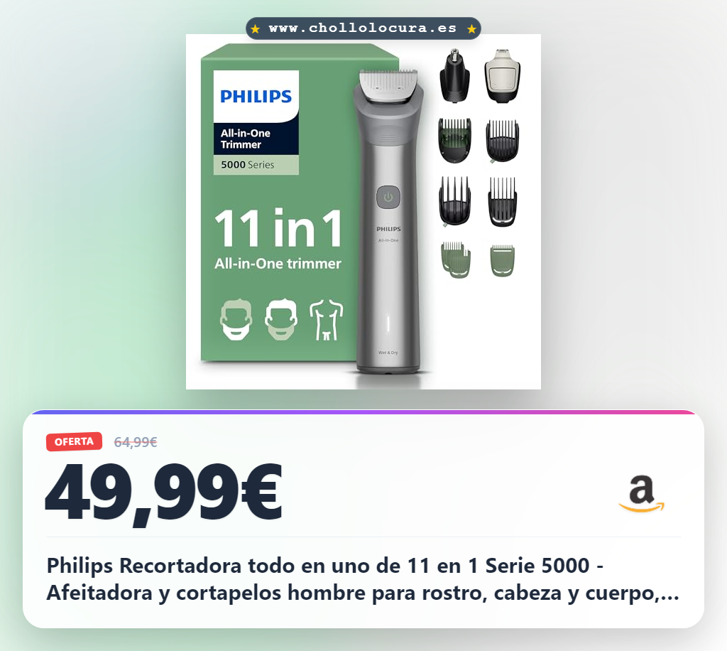 Philips Recortadora todo en uno de 11 en 1 Serie 5000 - Afeitadora y cortapelos hombre para rostro, cabeza y cuerpo, cuchillas de acero autoafilables, 17 longitudes, recargable, MG5951/15