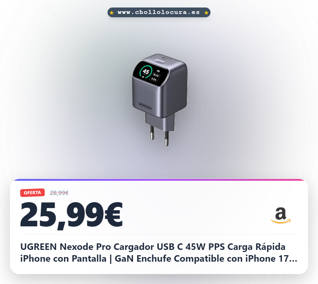 UGREEN Nexode Pro Cargador USB C 45W PPS Carga Rápida iPhone con Pantalla | GaN Enchufe Compatible con iPhone 17 Pro Max Air 16 15 Plus Pixel 10 9 Pro Galaxy S26 S25 S24 Ultra iPad MacBook Air Neo