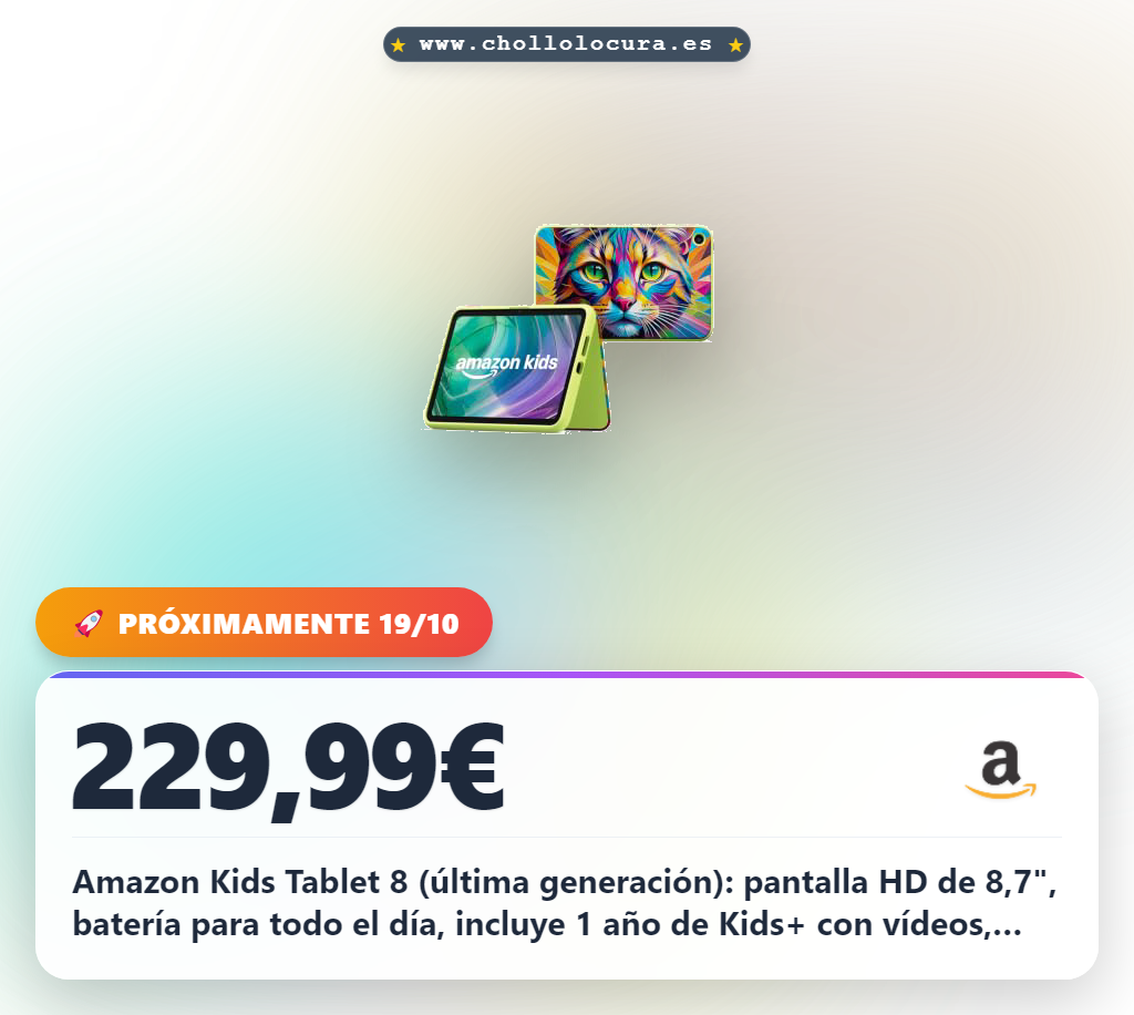 Amazon Kids Tablet 8 (última generación): pantalla HD de 8,7", batería para todo el día, incluye 1 año de Kids+ con vídeos, apps, juegos y audiolibros, y una funda rígida fina (Gato arcoíris)